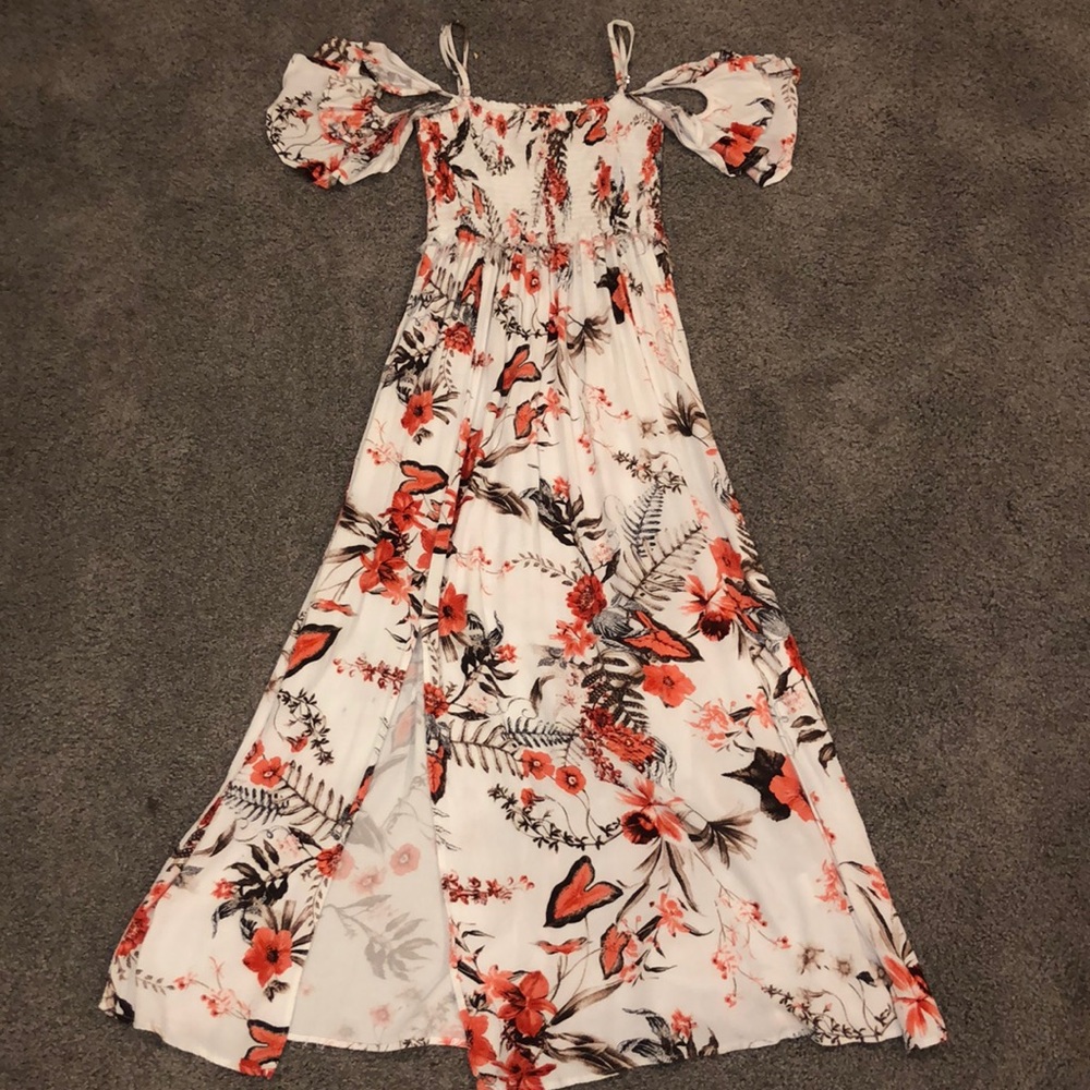 off the shoulder spaghetti strap maxi dress.